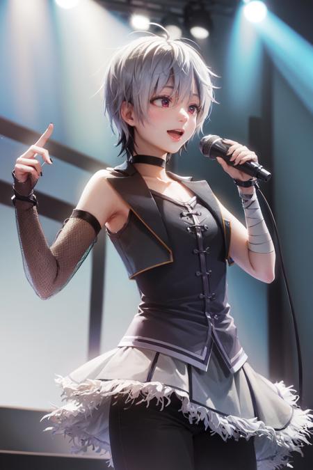 00086-1814997209-_d, singing, holding microphone, short hair, sleeveless shirt, black pants, choker, bandages, musical concert, stage, spotlight.jpg